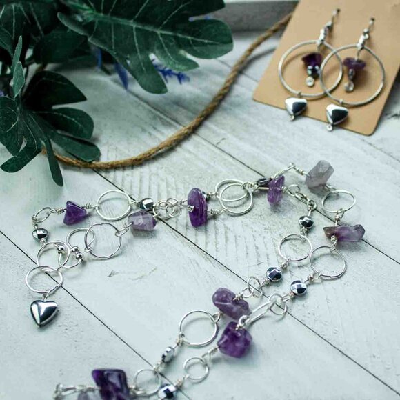 Amethyst Chip Silver Hoop Earrings & Necklace Set with Silver-Plated Heart Charm - Picture 8 of 9